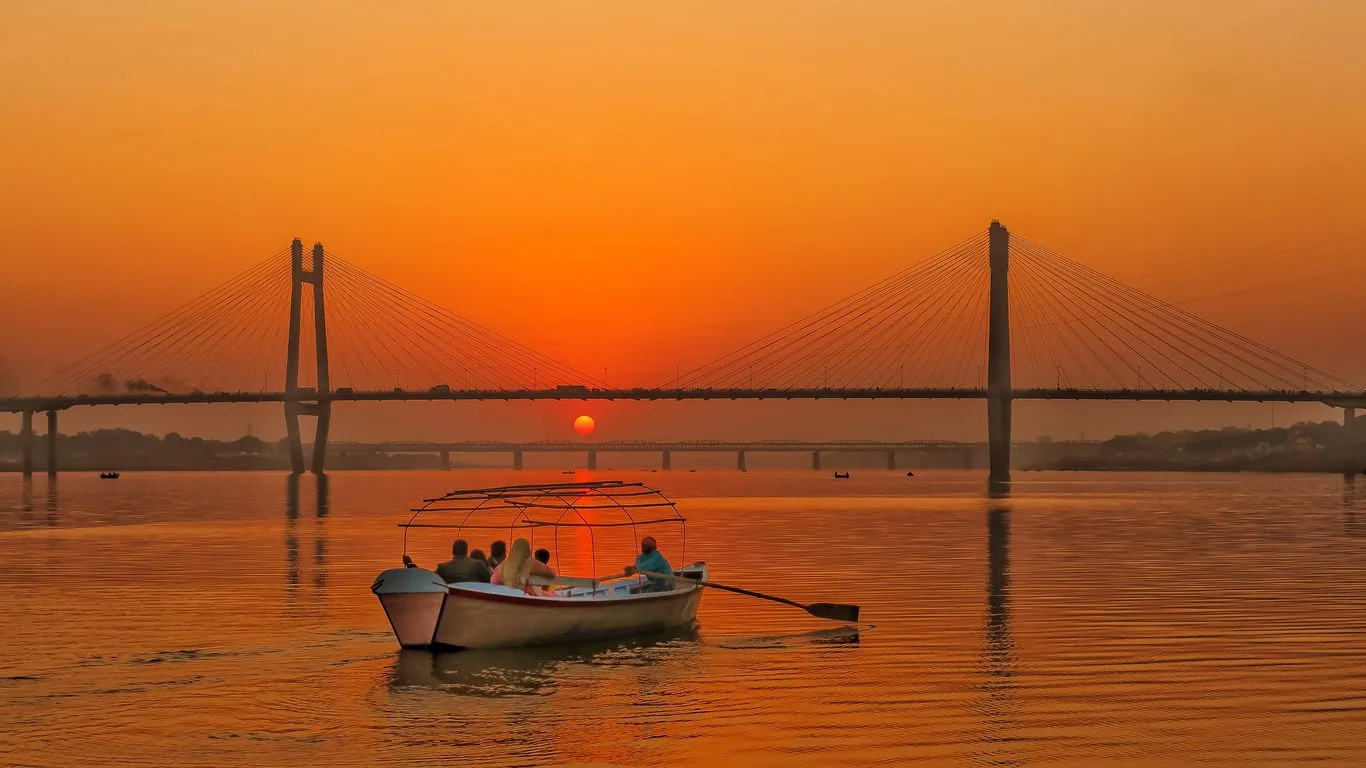 Pilgrim boats on the water at Prayagraj
