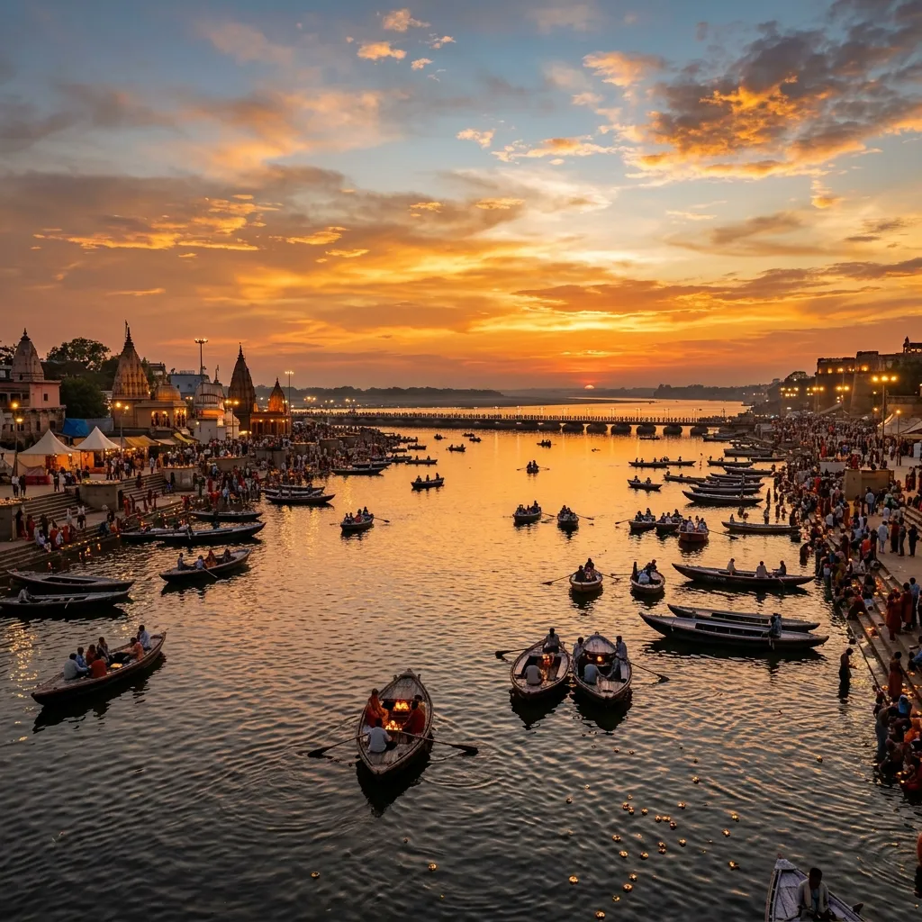 Boats on the Ganga at dusk
