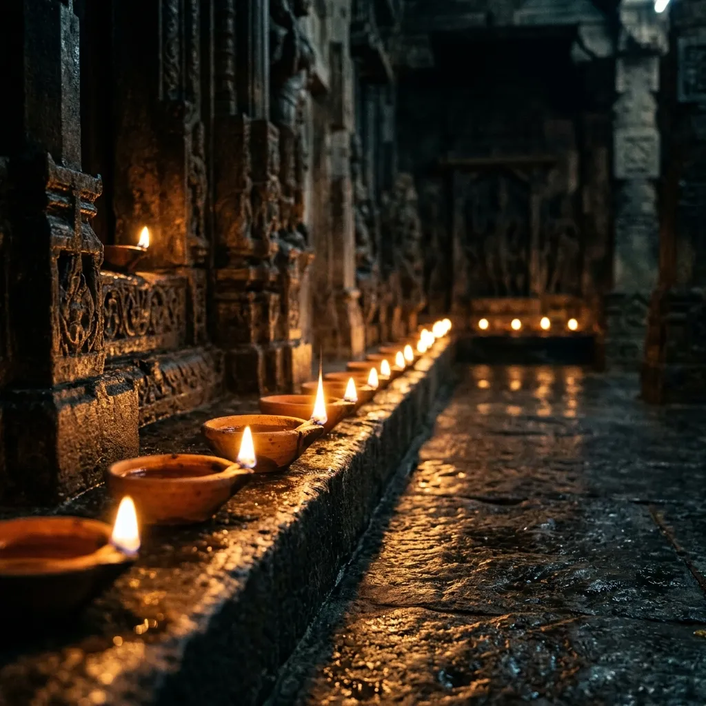 Row of burning temple oil lamps